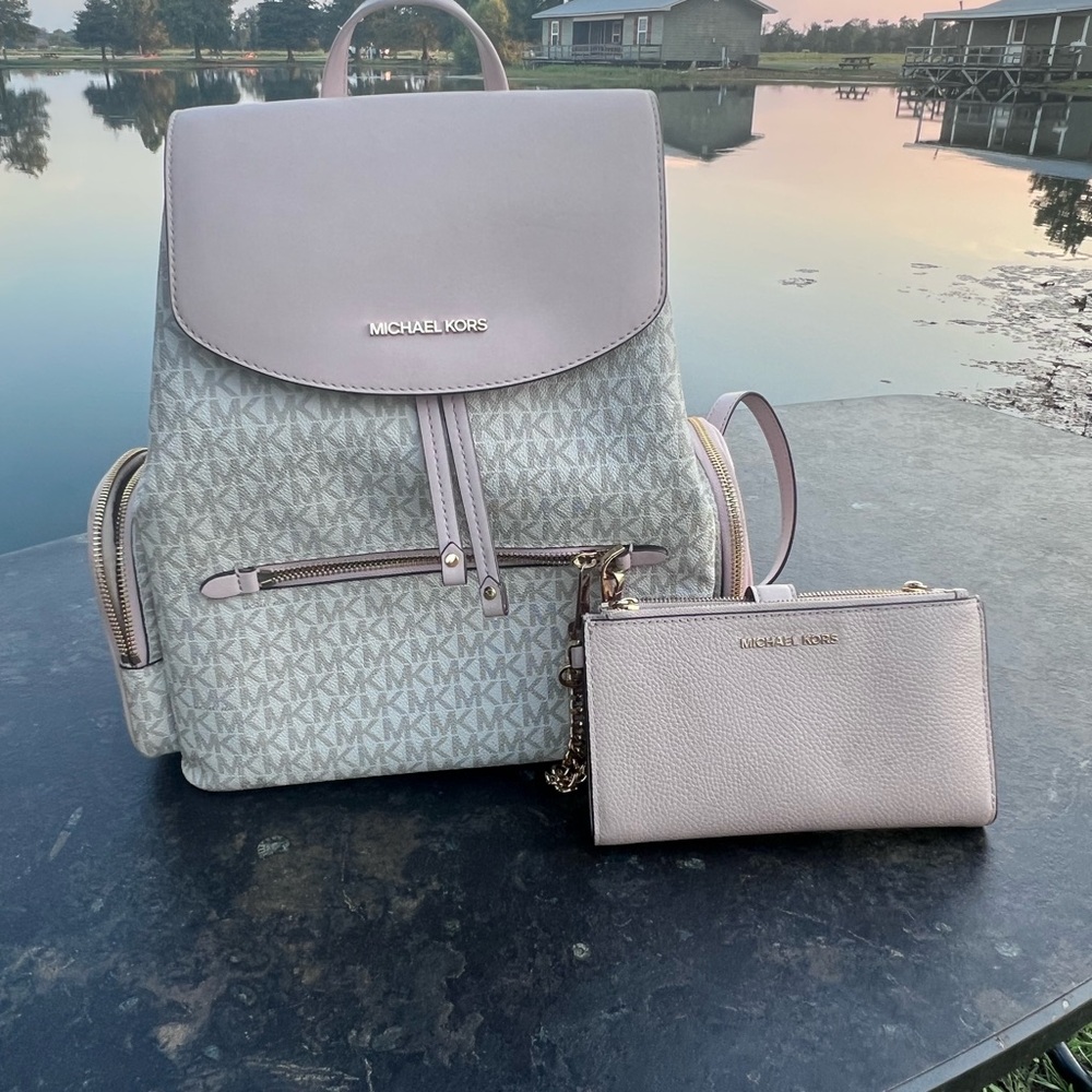 Michael Kors Light Gray Backpack and Wallet